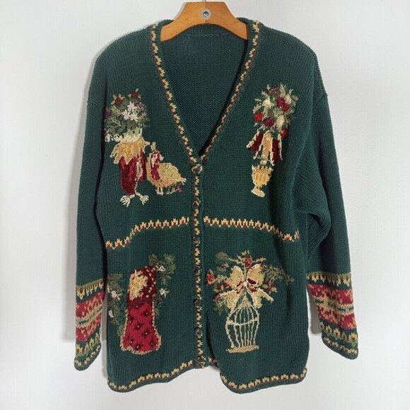 Vintage Womens Chirstmas Cardigan Sweater Green Holiday Ramie Cotton XL - Picture 1 of 14